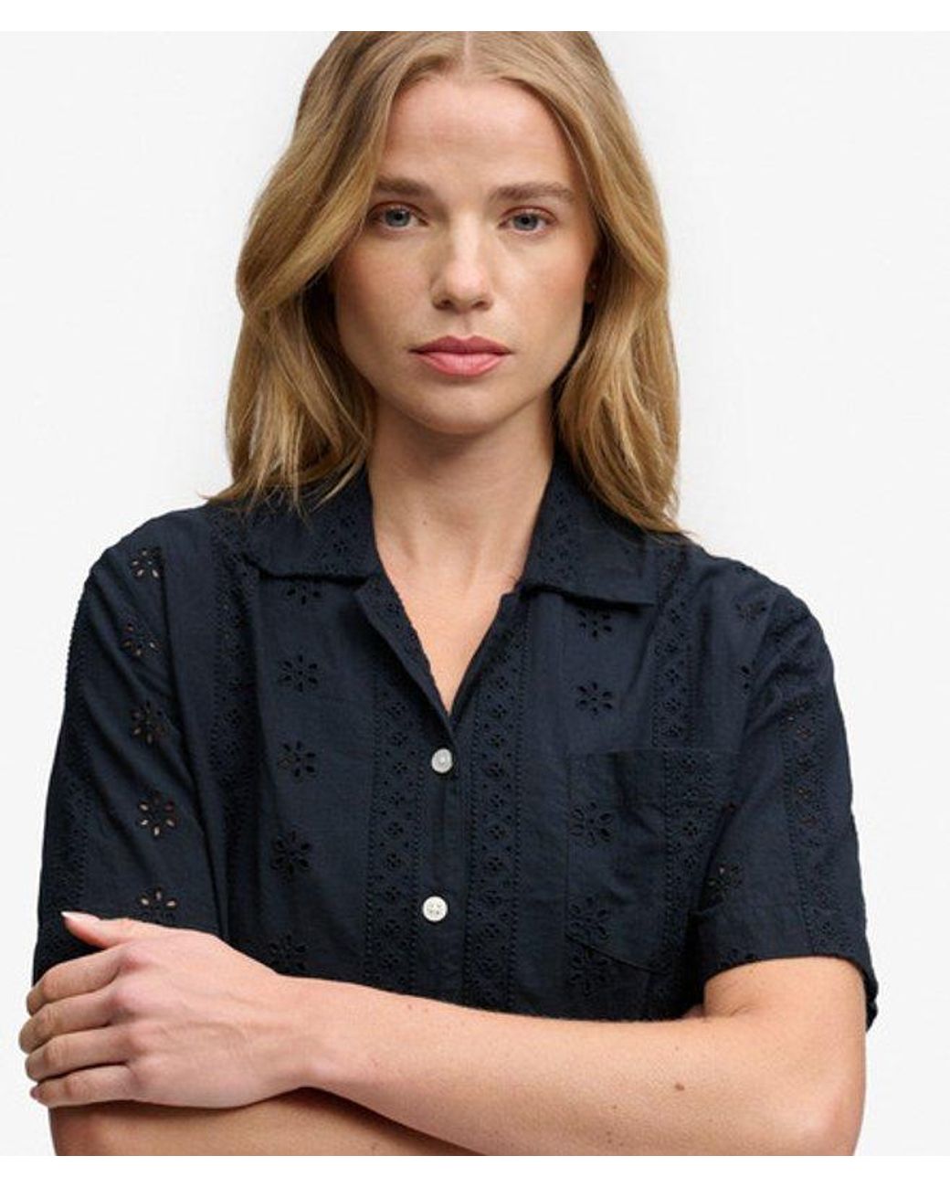 Superdry Blue Heritage Broderie Short Sleeves Shirt