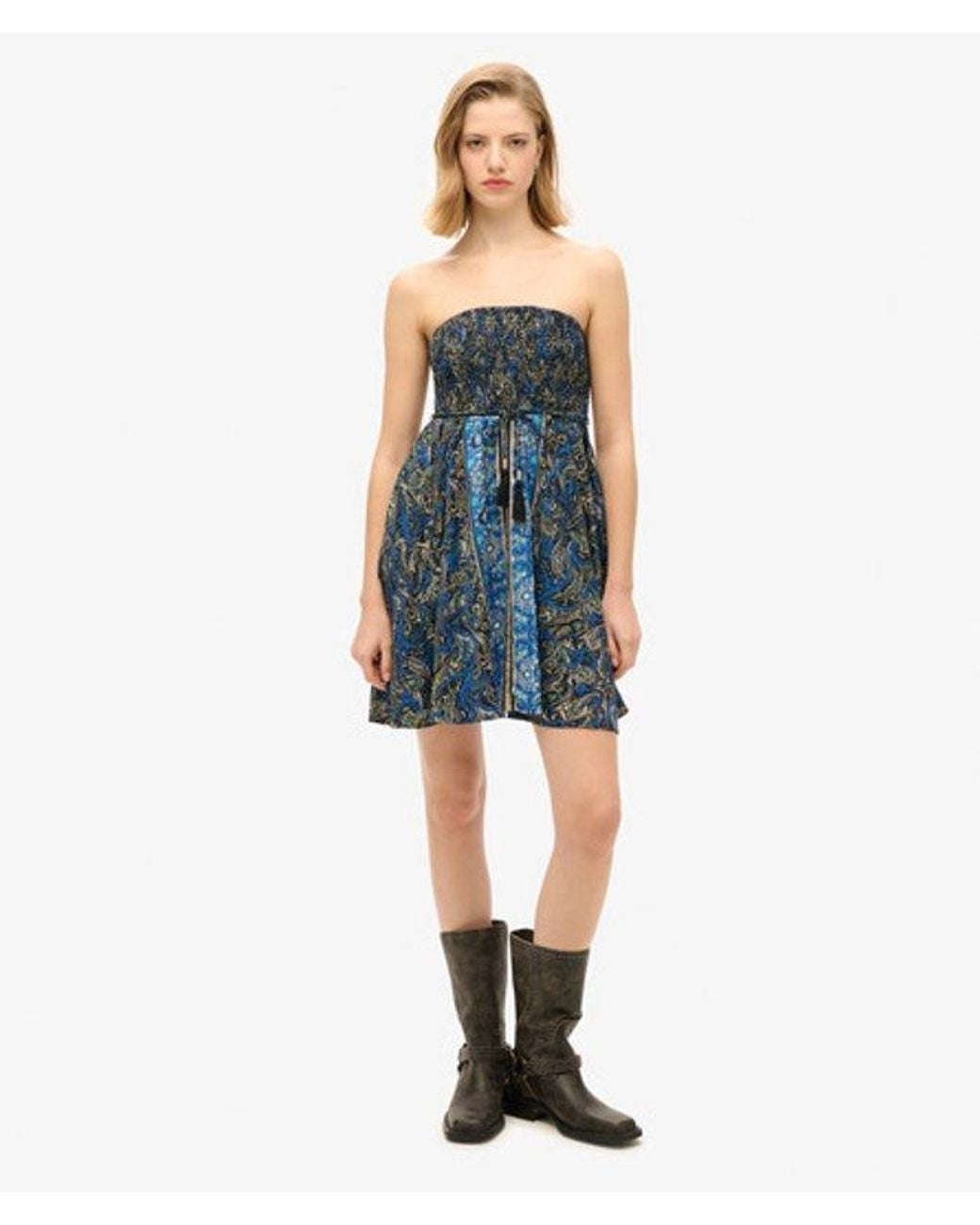 Superdry Blue Slim Fit Paisley Print St Tropez Bandeau Dress