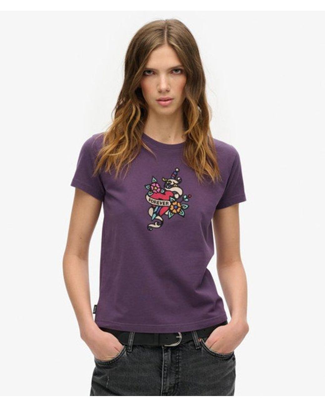 Superdry Purple & Co Small Tattoo Rhinestone Fitted T-shirt