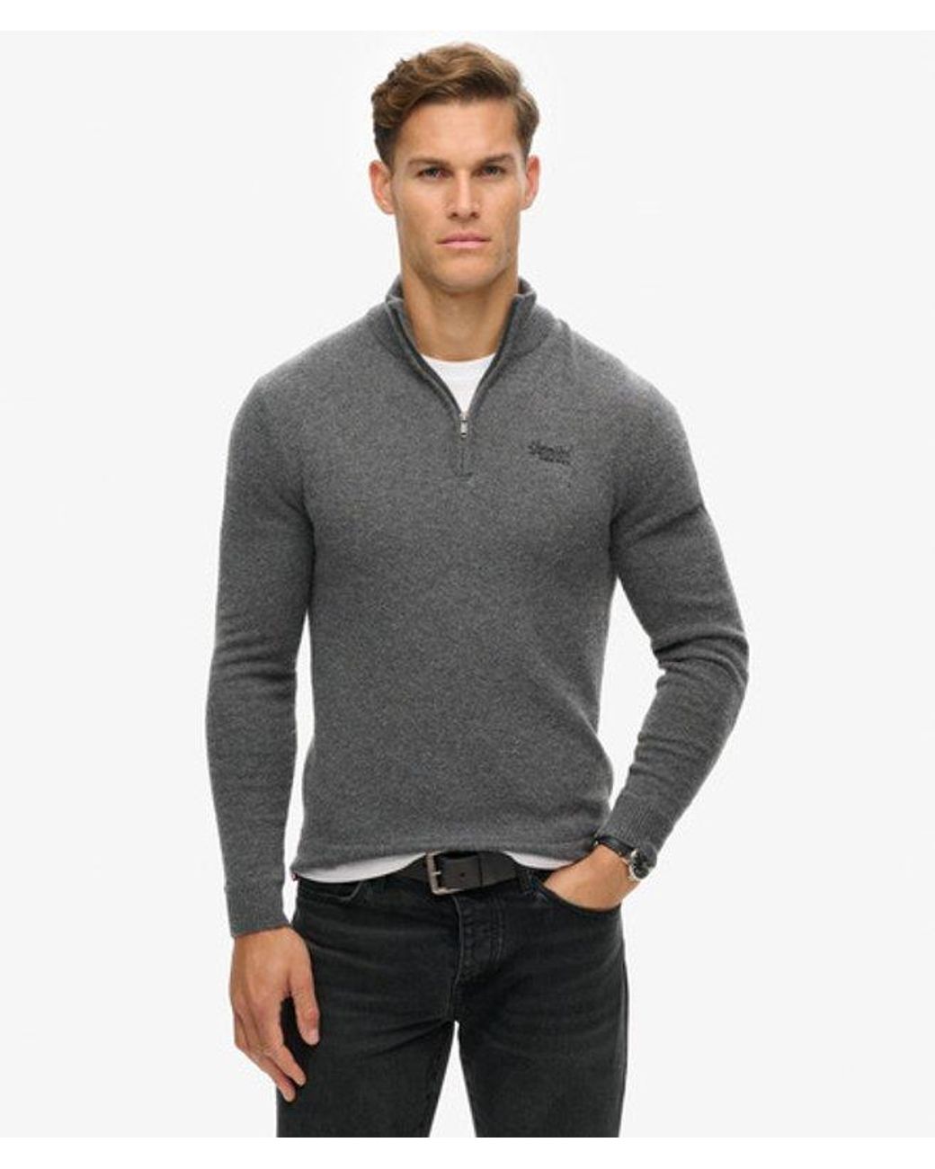 Superdry Gray & Co Classic Knitted Essential Embroidered Half Zip Jumper for men