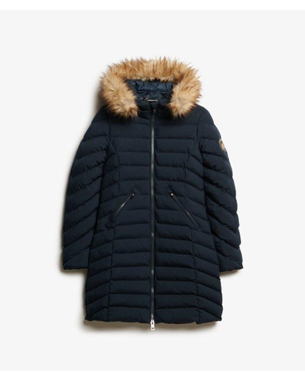 Superdry Blue & Co Slim Fit Logo Patch Fuji Faux Fur Hood Mid Length Puffer Coat