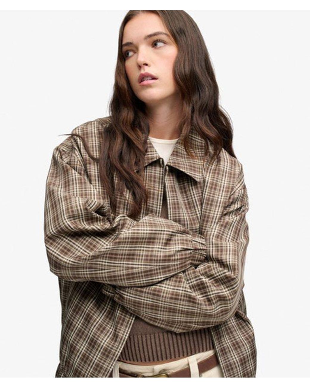 Superdry Brown & Co Check Oversized Bomber Jacket