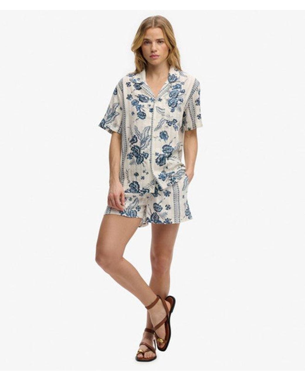 Superdry Blue Cotton Printed Beach Shorts