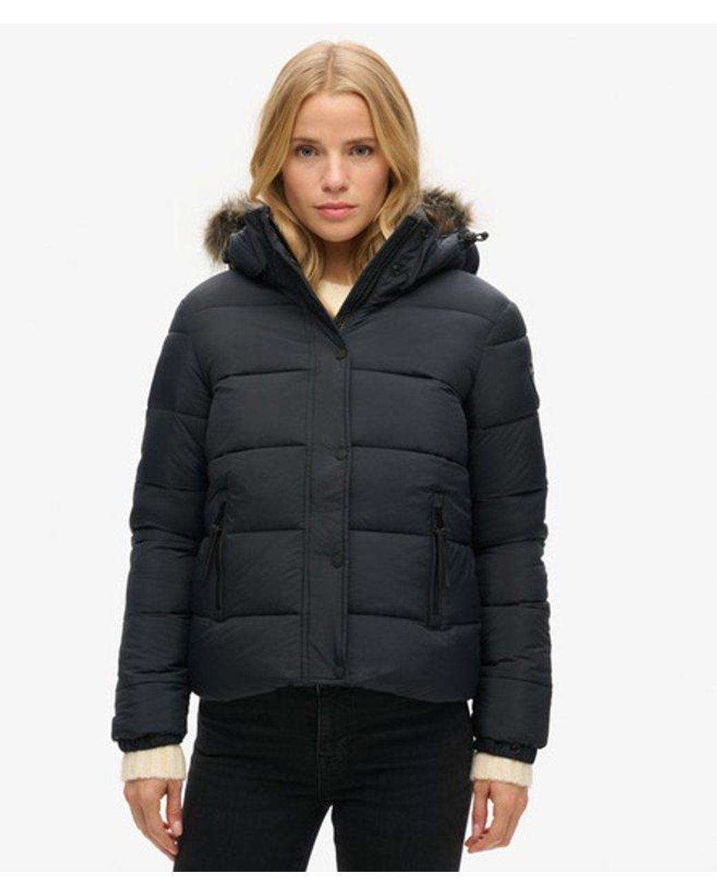 Superdry Black & Co Faux Fur Short Hooded Puffer Jacket