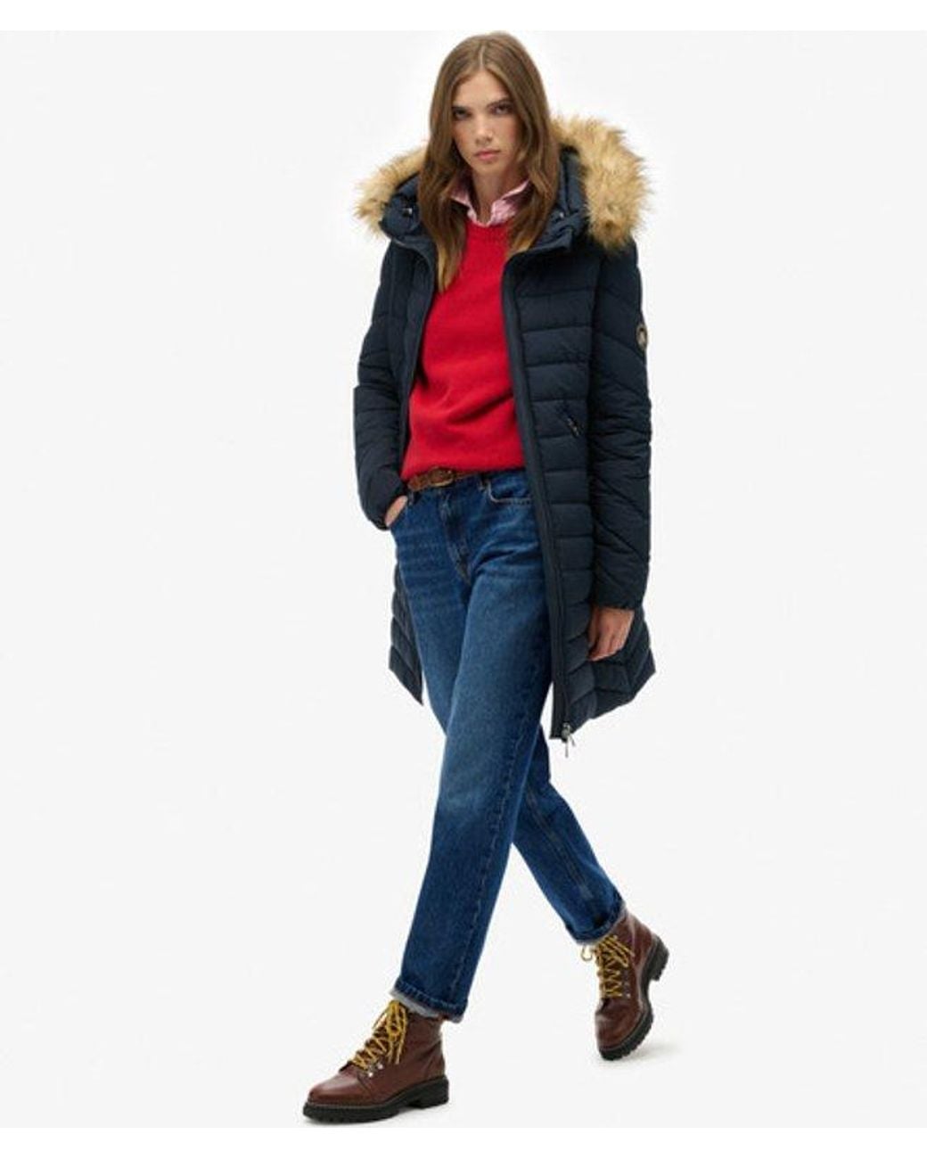 Superdry Blue & Co Fuji Faux Fur Hooded Mid Length Coat