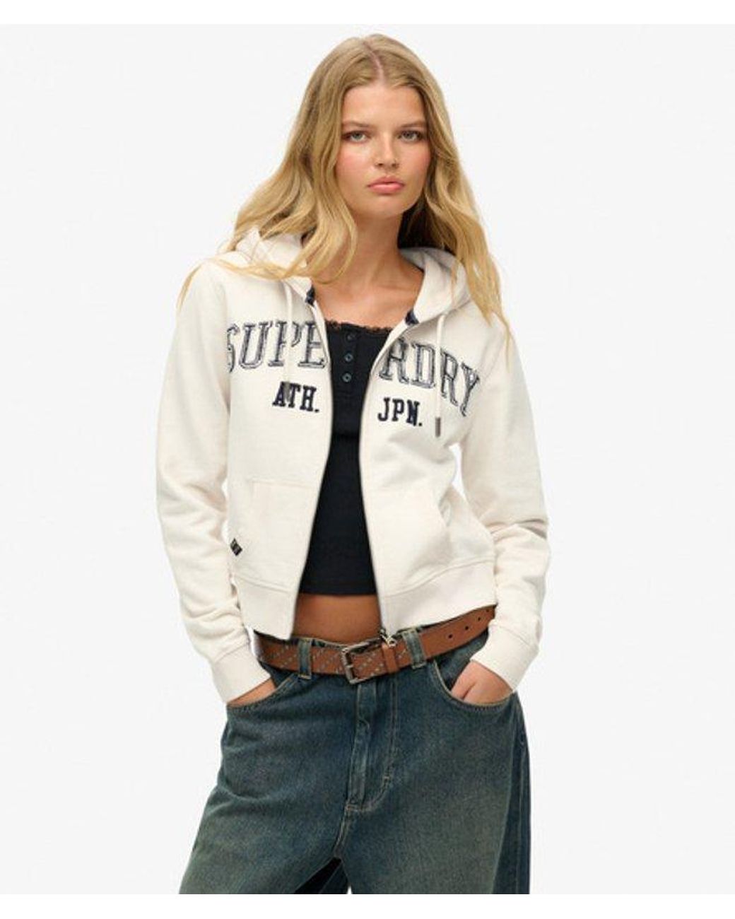 Superdry White Athletic Essentials Relaxed Cropped Zip Hoodie