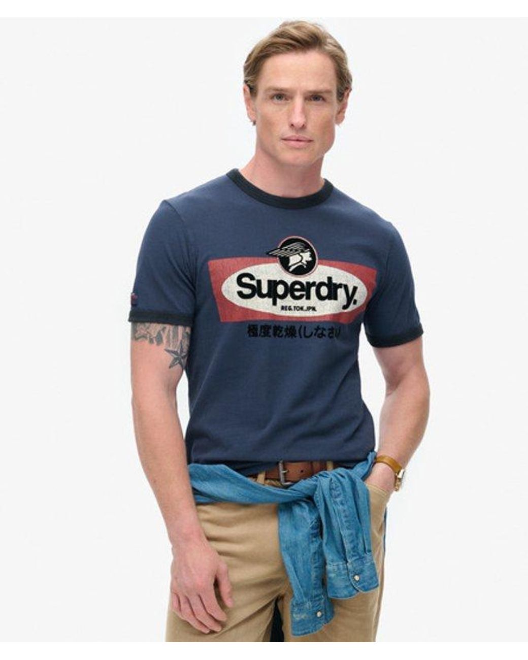 Superdry Blue & Co Core Logo Ringer Workwear Graphic Crew Neck T-shirt for men
