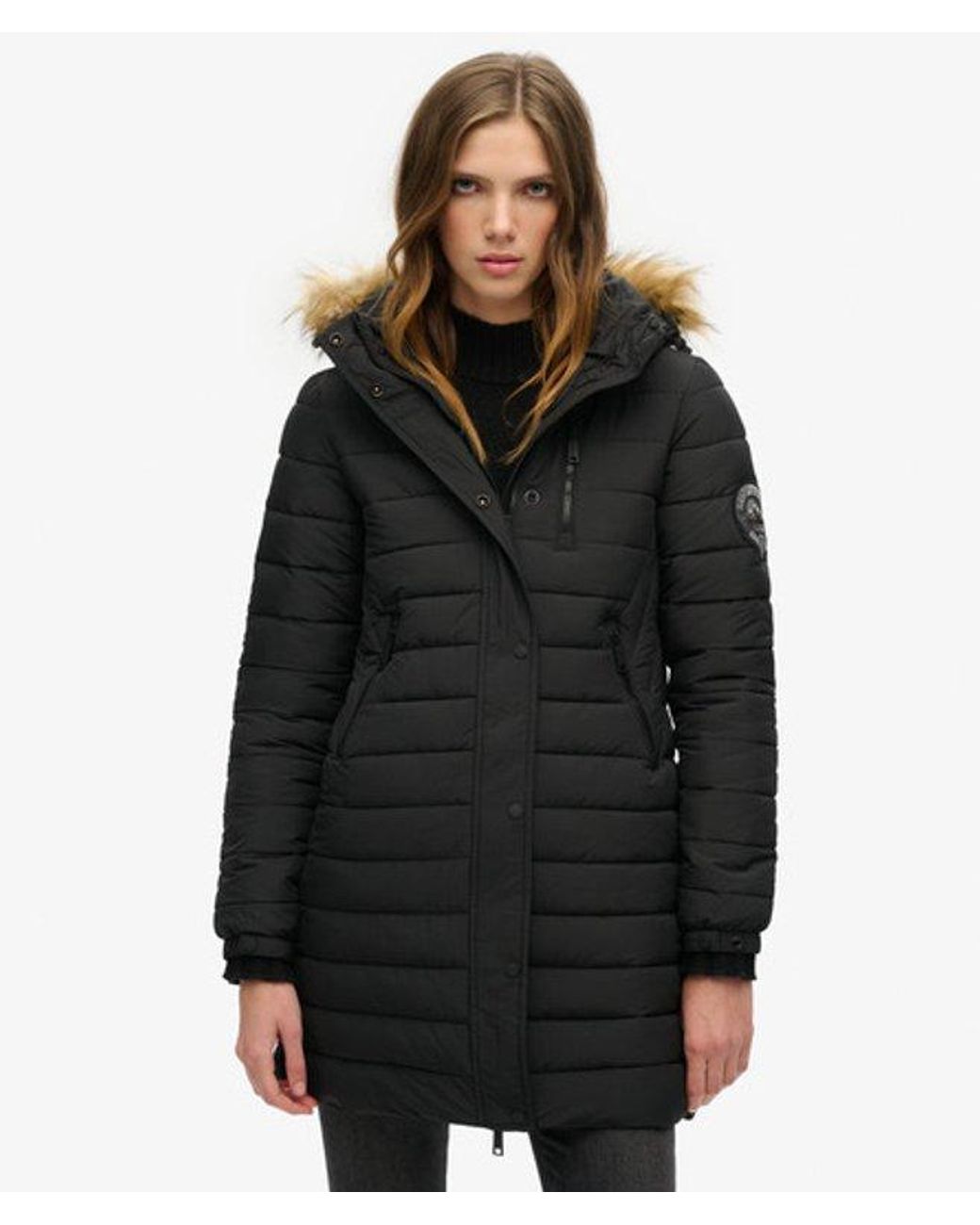 Superdry Black & Co Slim Fit Quilted Fuji Hooded Mid Length Puffer Coat