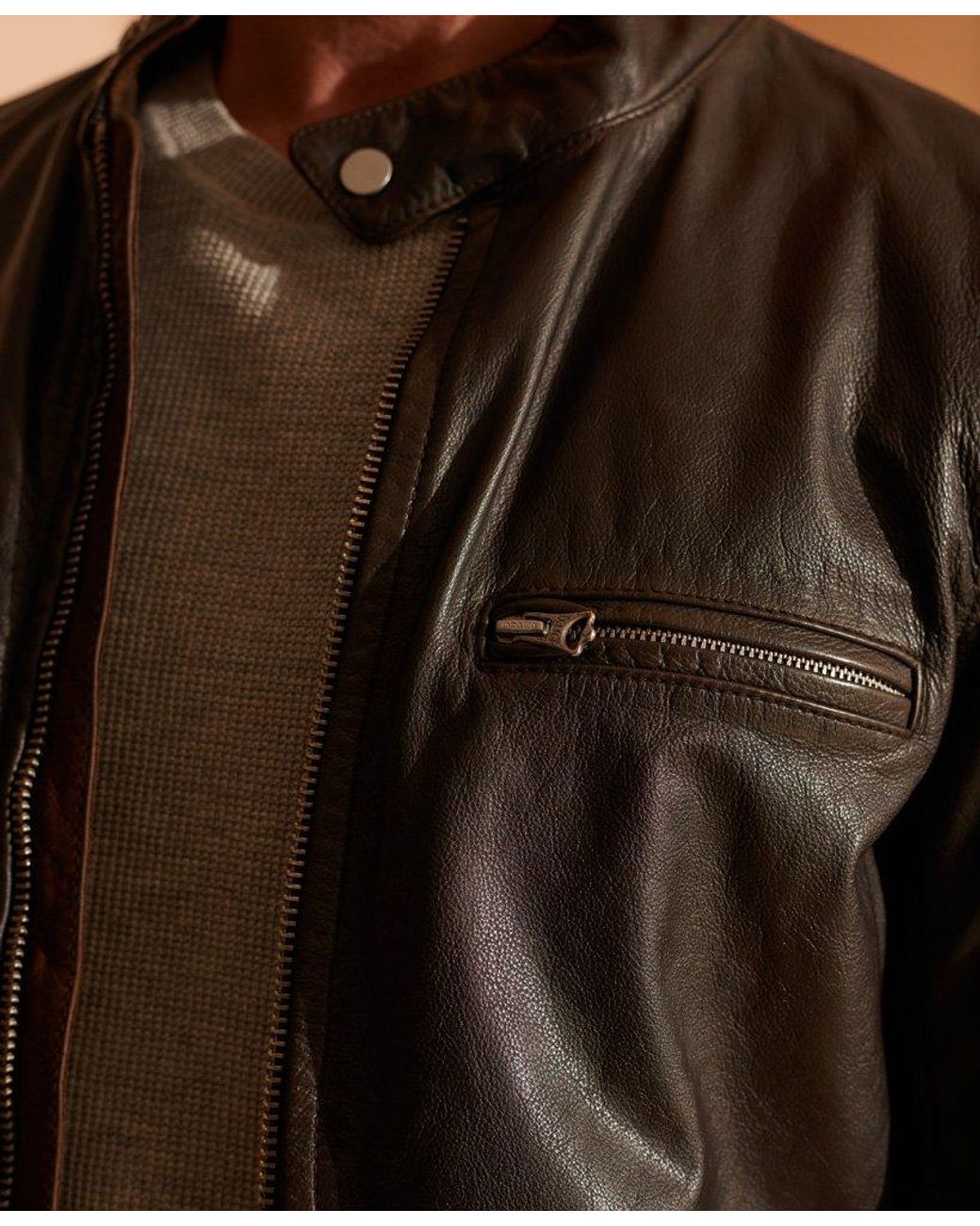 Superdry Leather Sports Racer Jacket in Brown for Men | Lyst