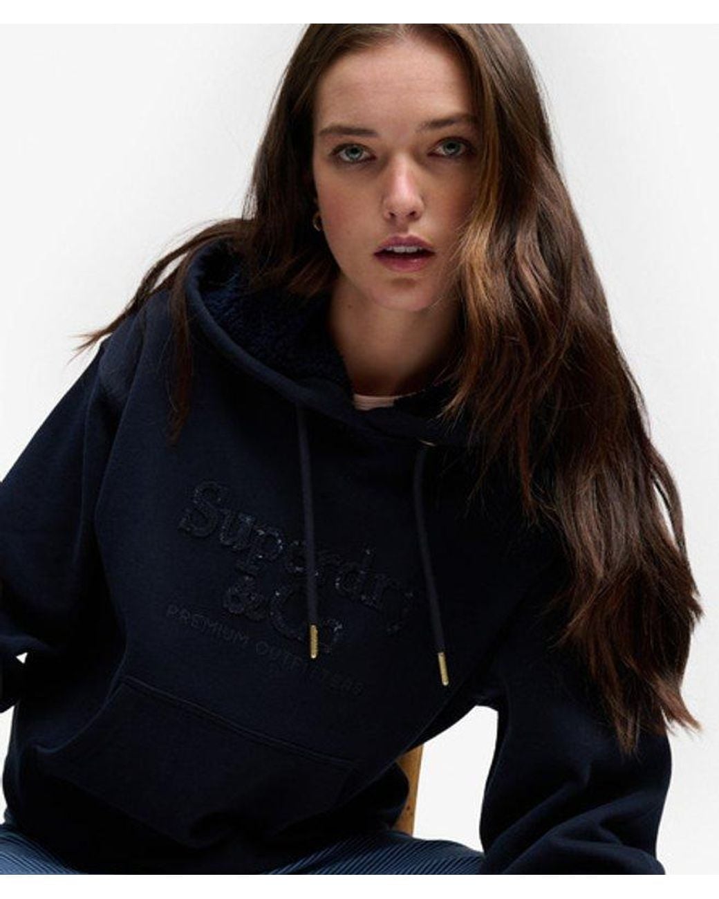 Superdry Blue Company Logo Embroidered Sequin Hoodie