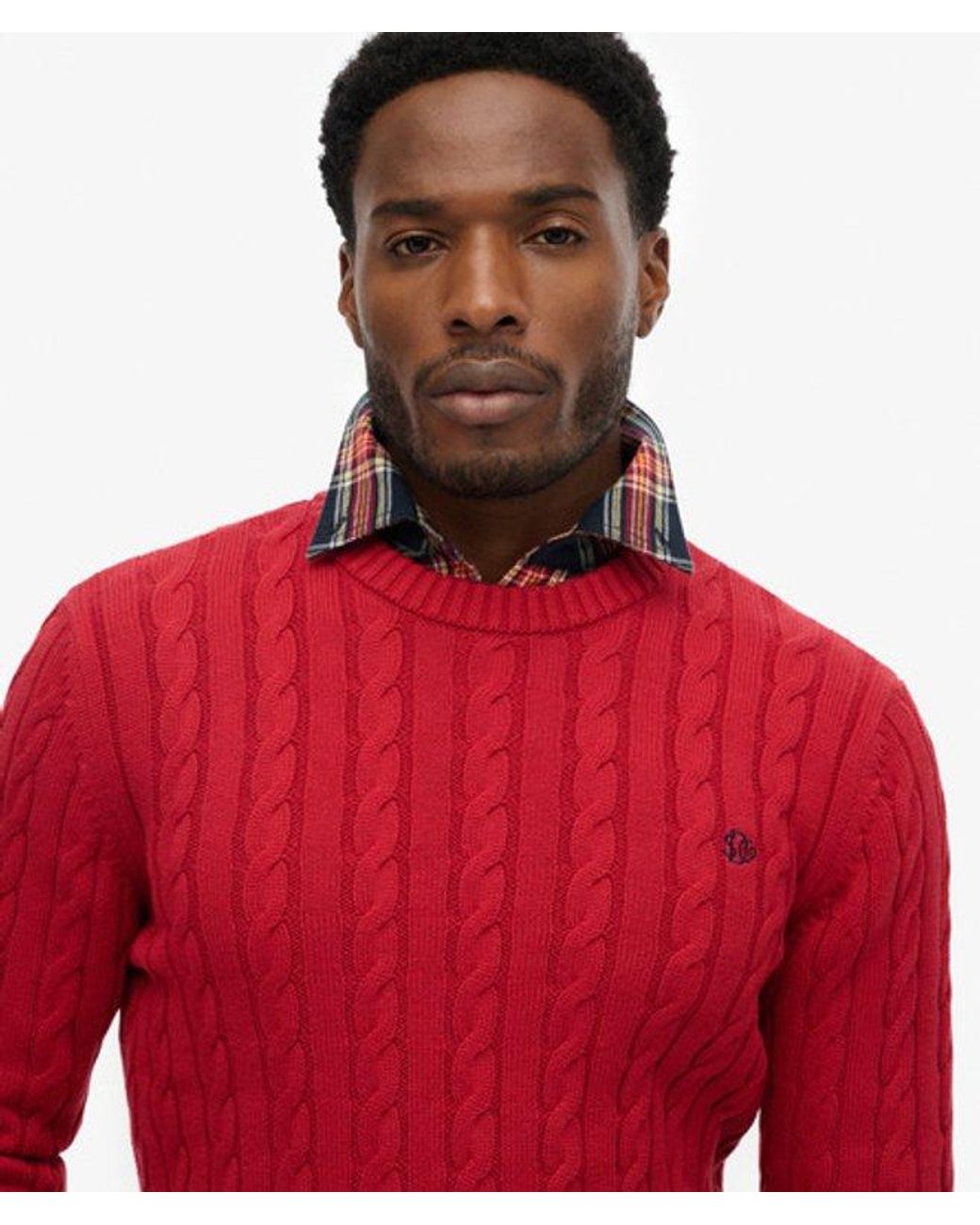 Superdry Red Cotton Cable Knit Crew Jumper for men