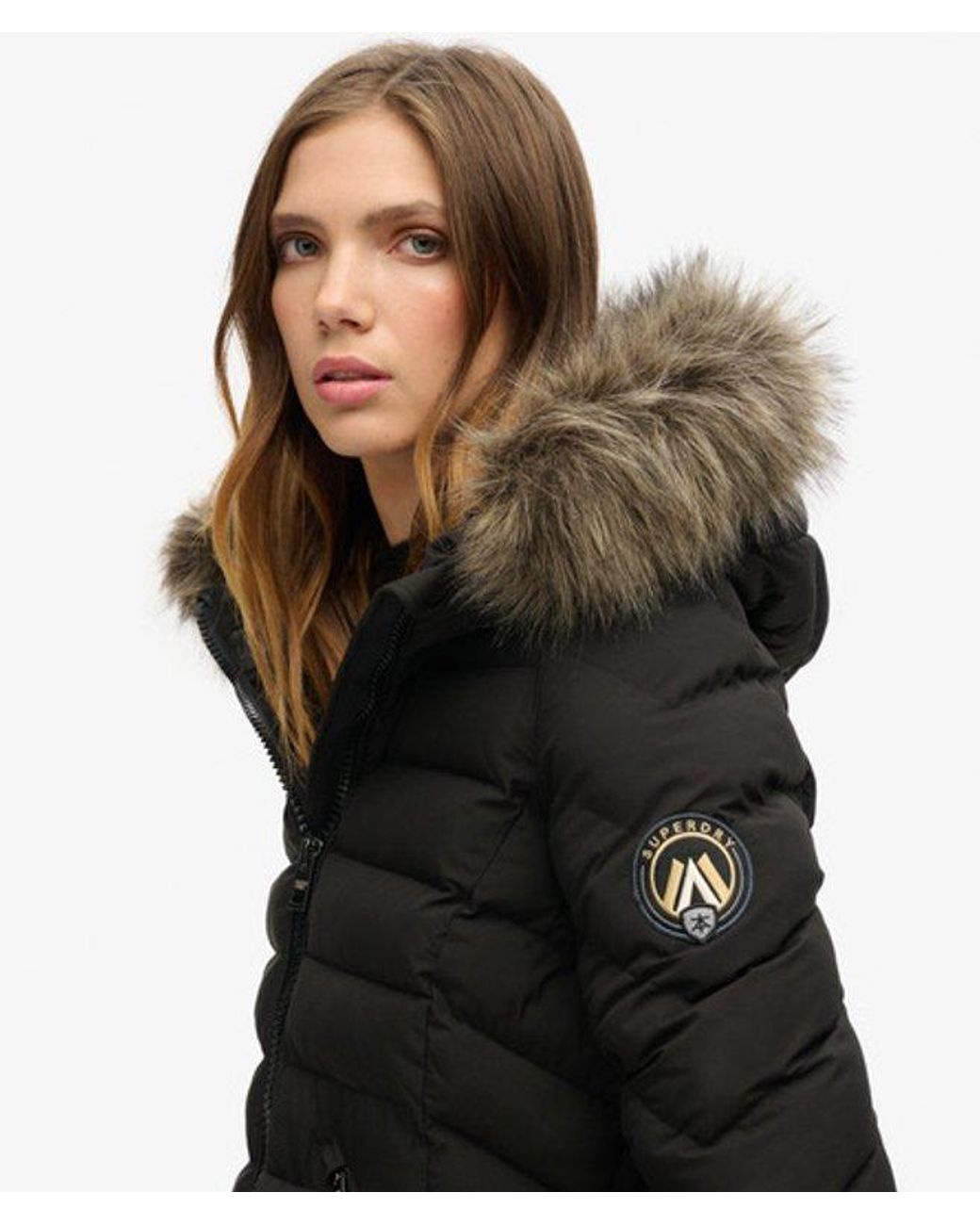 Superdry Black & Co Slim Fit Fuji Faux Fur Hood Mid Length