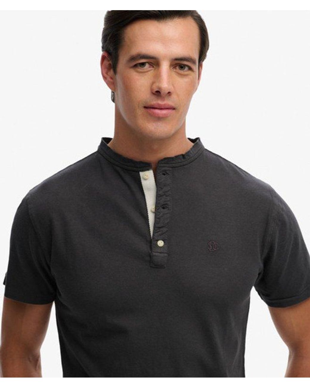 Superdry Black & Co Classic Cotton Linen Short Sleeve Henley T-shirt for men