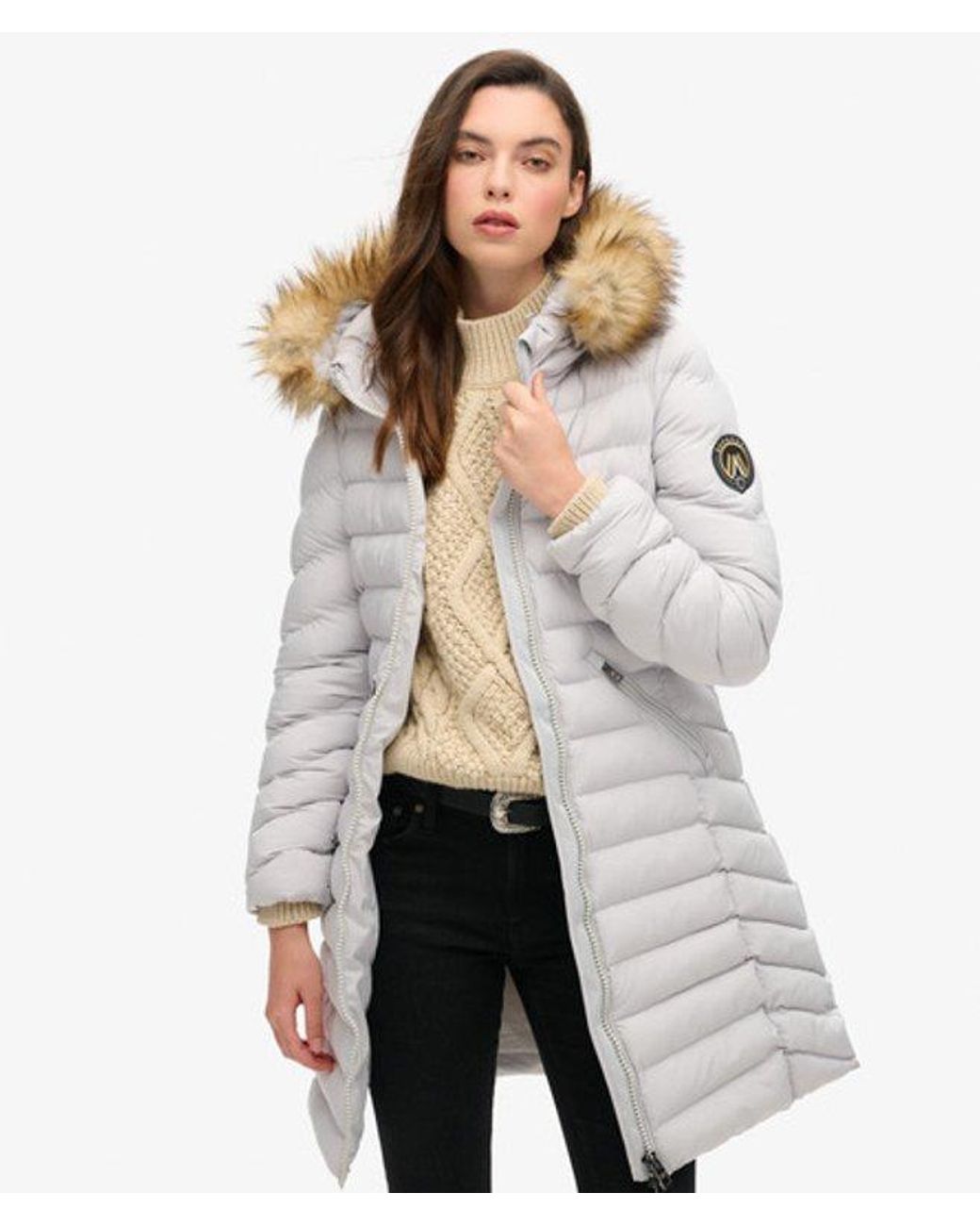 Superdry White & Co Slim Fit Fuji Faux Fur Hood Mid Length