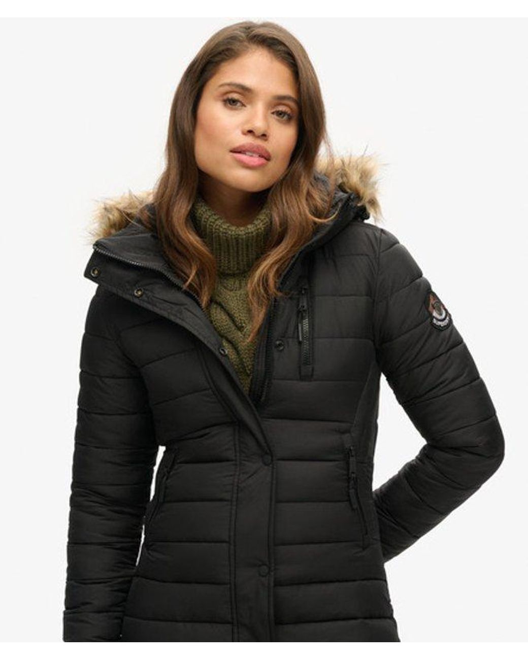 Superdry Black Fully Lined Logo Badge Nylon Puffer Coat