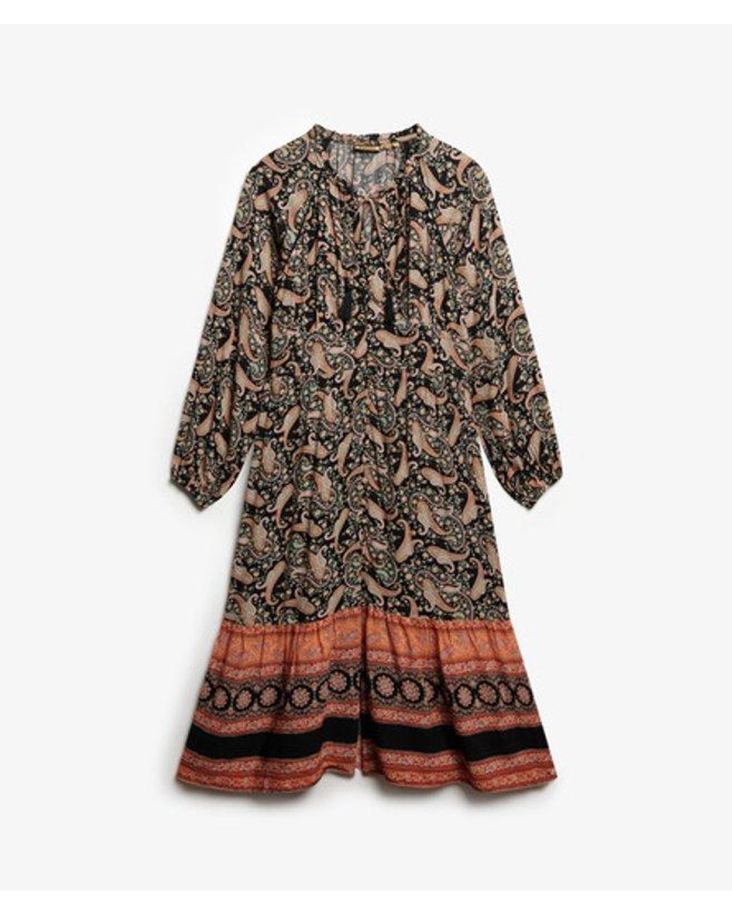 Superdry Black Paisley Print Long Sleeve Midi Dress