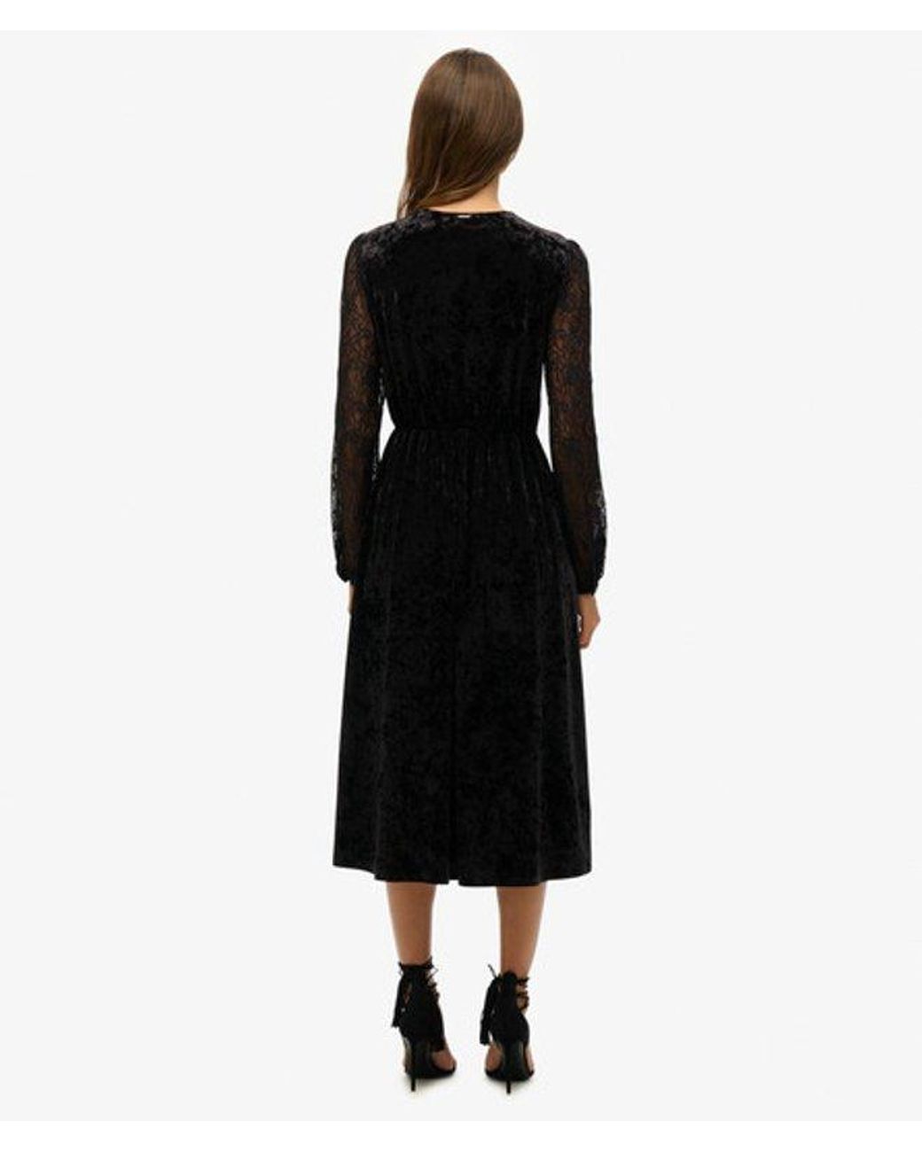 Superdry Black & Co Lace Sleeve Velvet Midi Dress