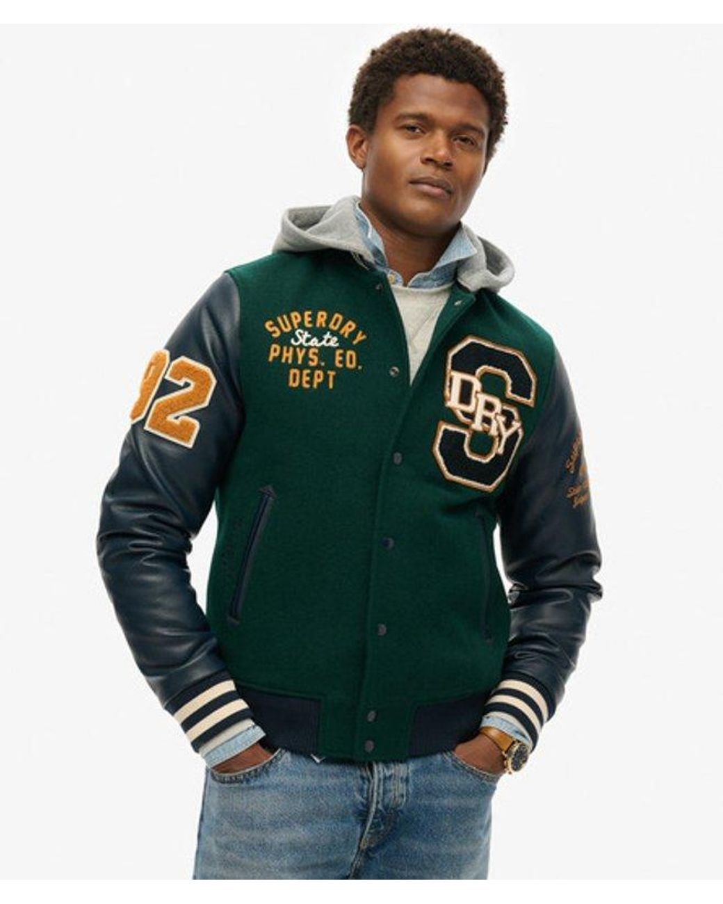 Superdry Green & Co Hooded College Patched Bomber Jacket for men