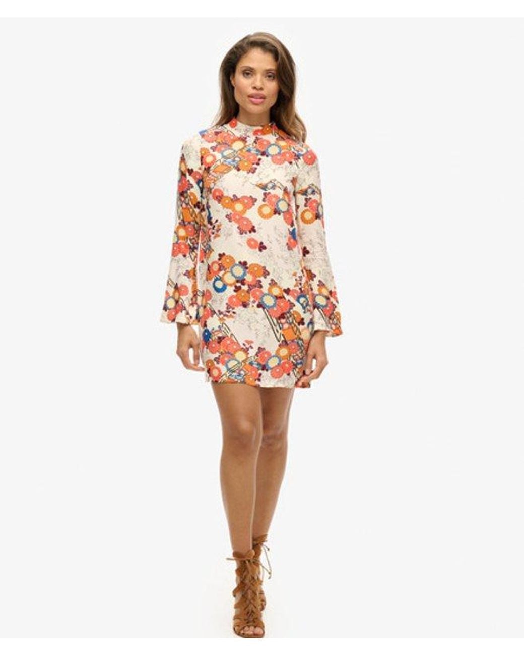 Superdry Red & Co Printed Long Sleeve Mini Dress