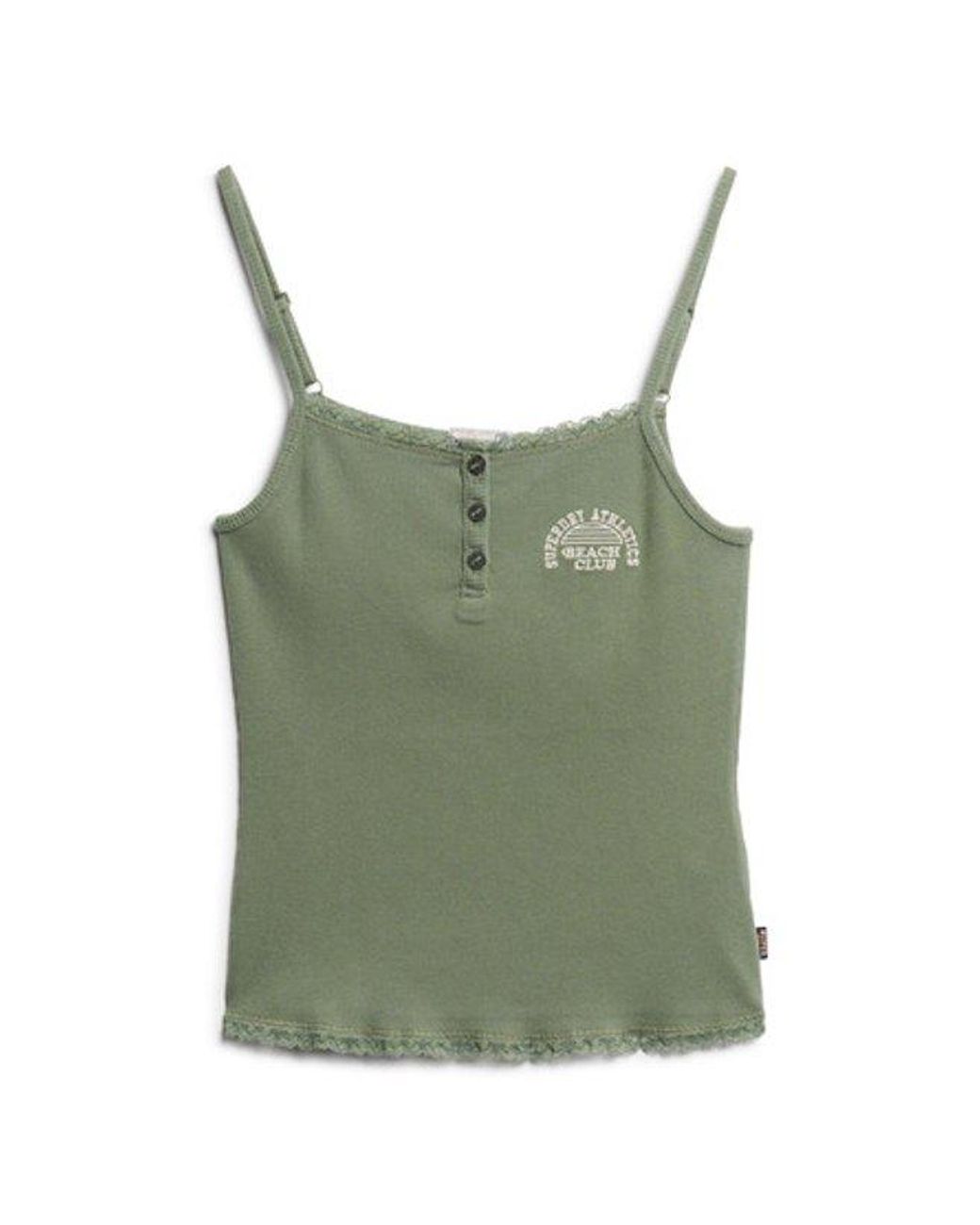 Superdry Green & Co Ladies Slim Fit Embroidered Logo Athletic Essentials Button Down Cami Top