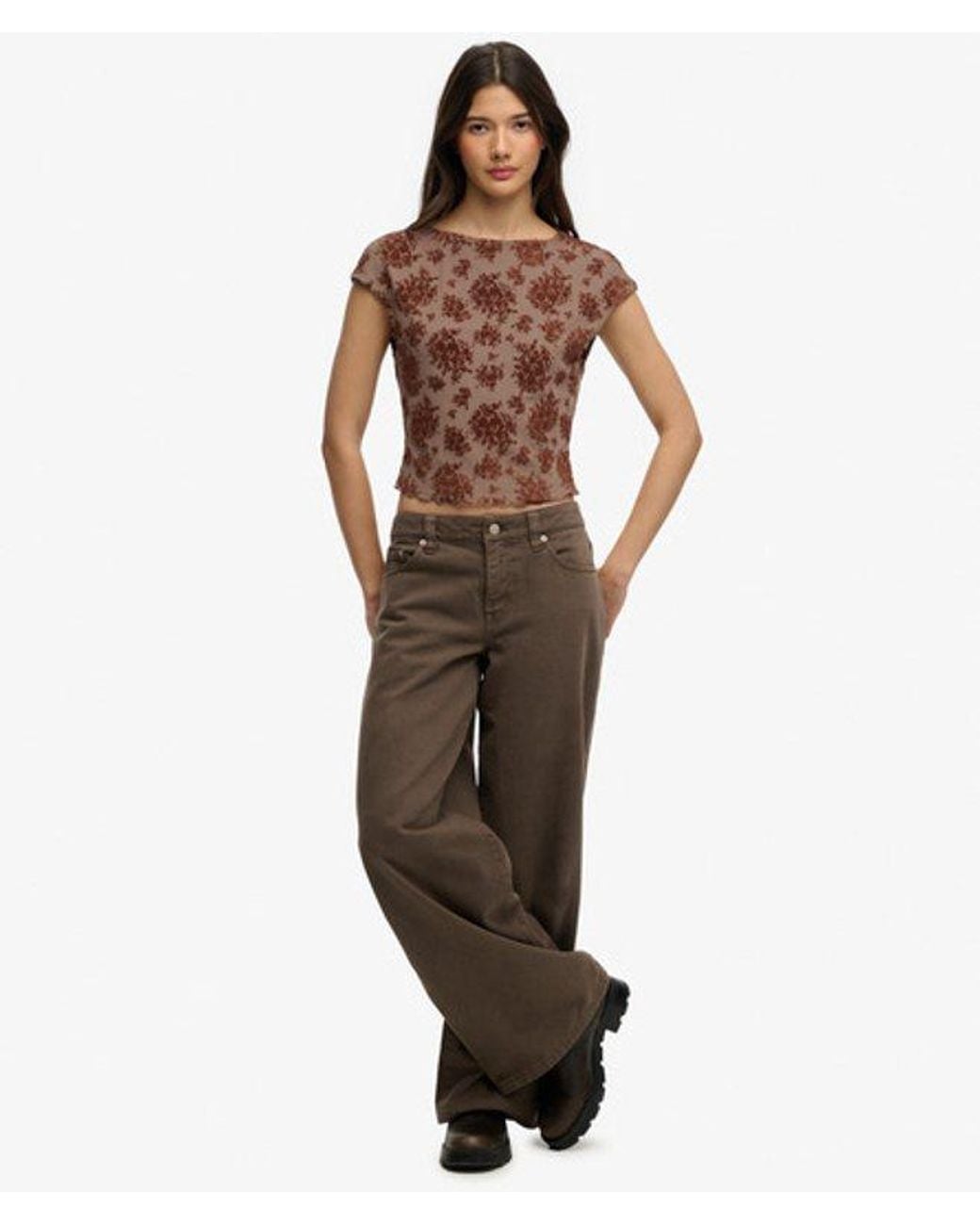 Superdry Brown & Co Flocked Mesh Short Sleeve Top