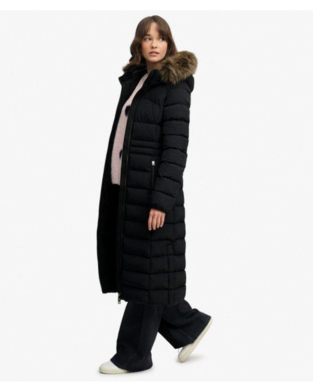 Superdry Black & Co Hooded Faux Fur Fuji Long Jacket