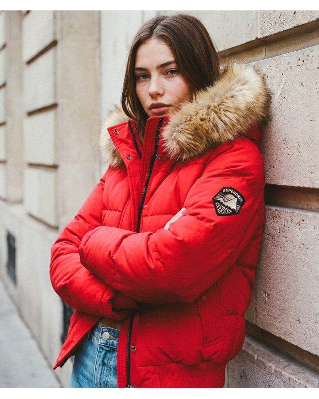 Superdry Everest Hooded Bomber Jas Slanke Pasvorm in het Red