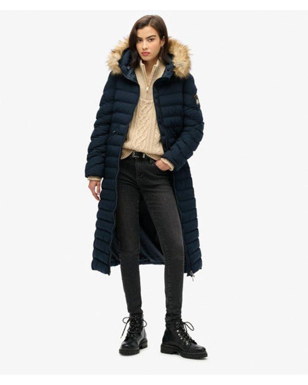 Superdry Blue & Co Slim Fit Fuji Faux Fur Hooded Long Jacket
