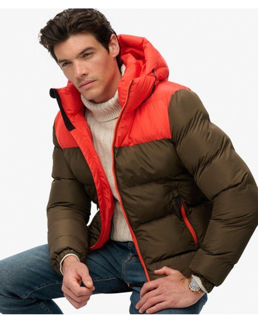 Superdry Red & Co Colourblock Hooded Puffer Jacket for men