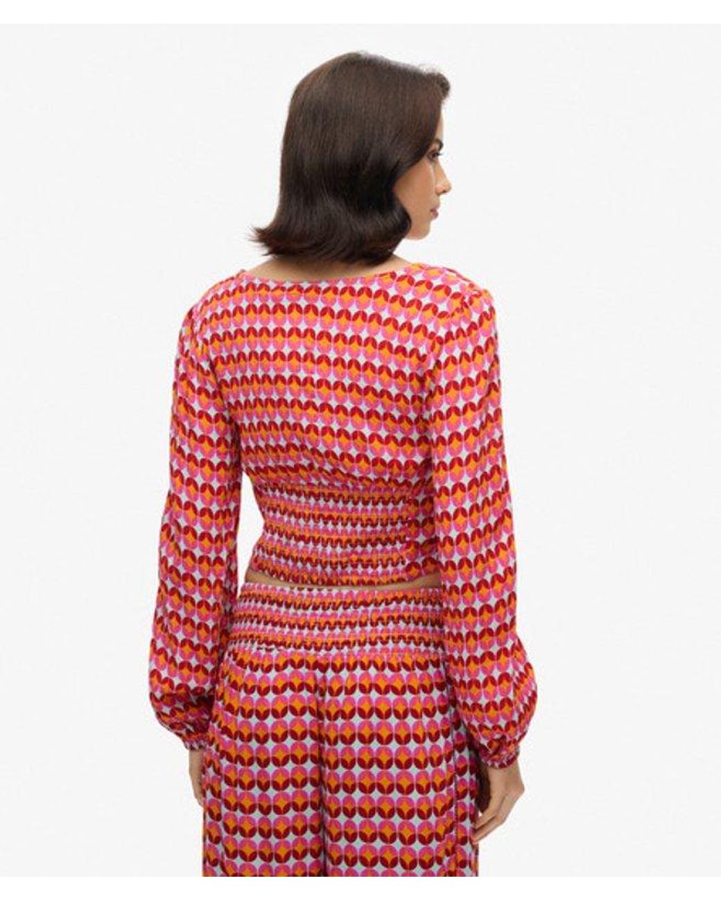 Superdry Red & Co Long Sleeve Woven Crop Top