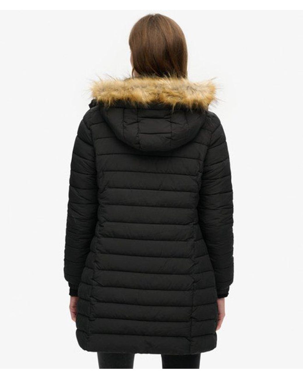 Superdry Black & Co Slim Fit Quilted Fuji Hooded Mid Length Puffer Coat