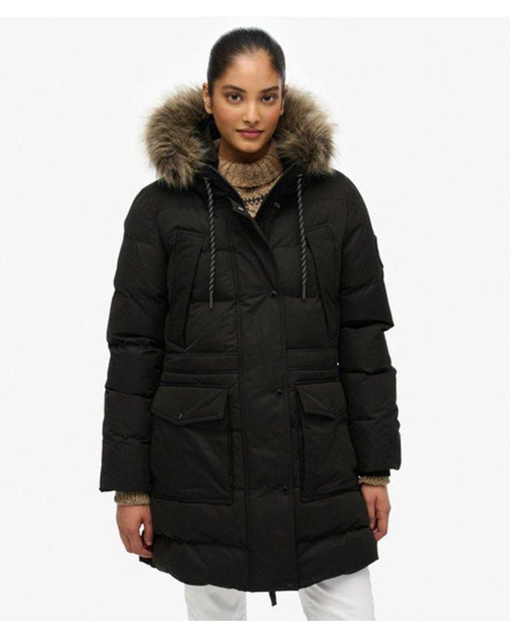 Superdry Black & Co Everest Microfibre Mid Faux Fur Puffer Jacket