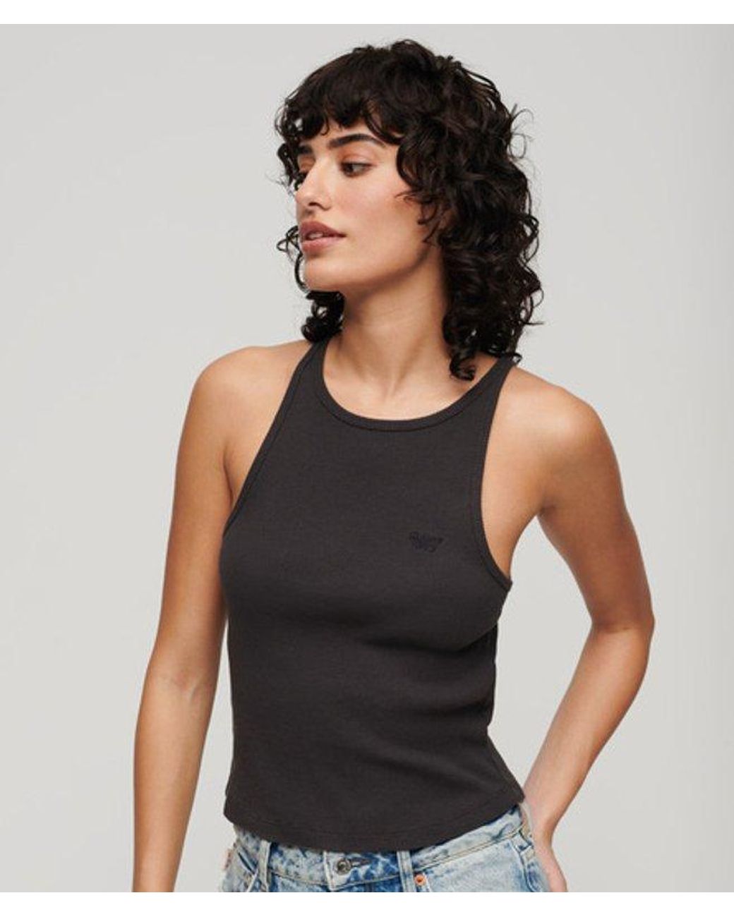 Superdry Black Ladies Slim Fit Embroidered Logo Essential Racer Vest Top