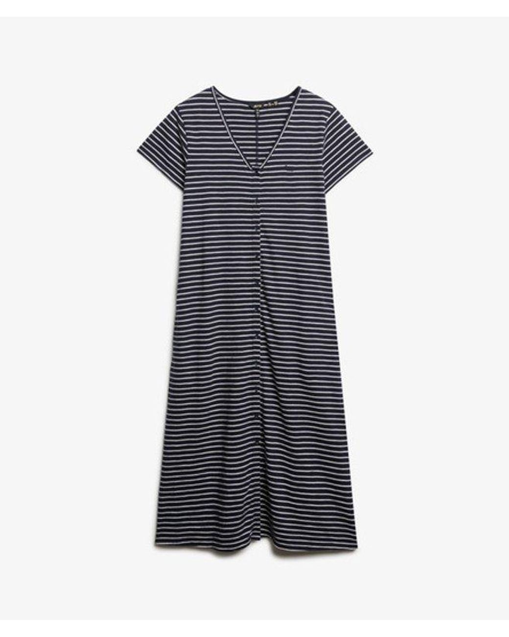 Superdry Blue Cotton Short Sleeve Button Through Jersey Midi Dress