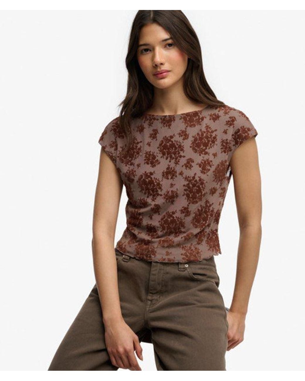 Superdry Brown & Co Flocked Mesh Short Sleeve Top