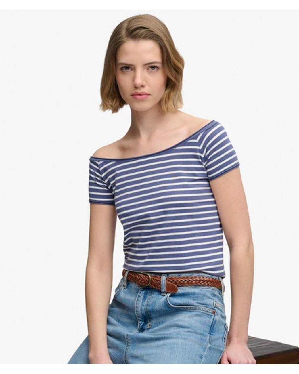 Superdry Blue Bardot Short Sleeve Off Shoulder Top