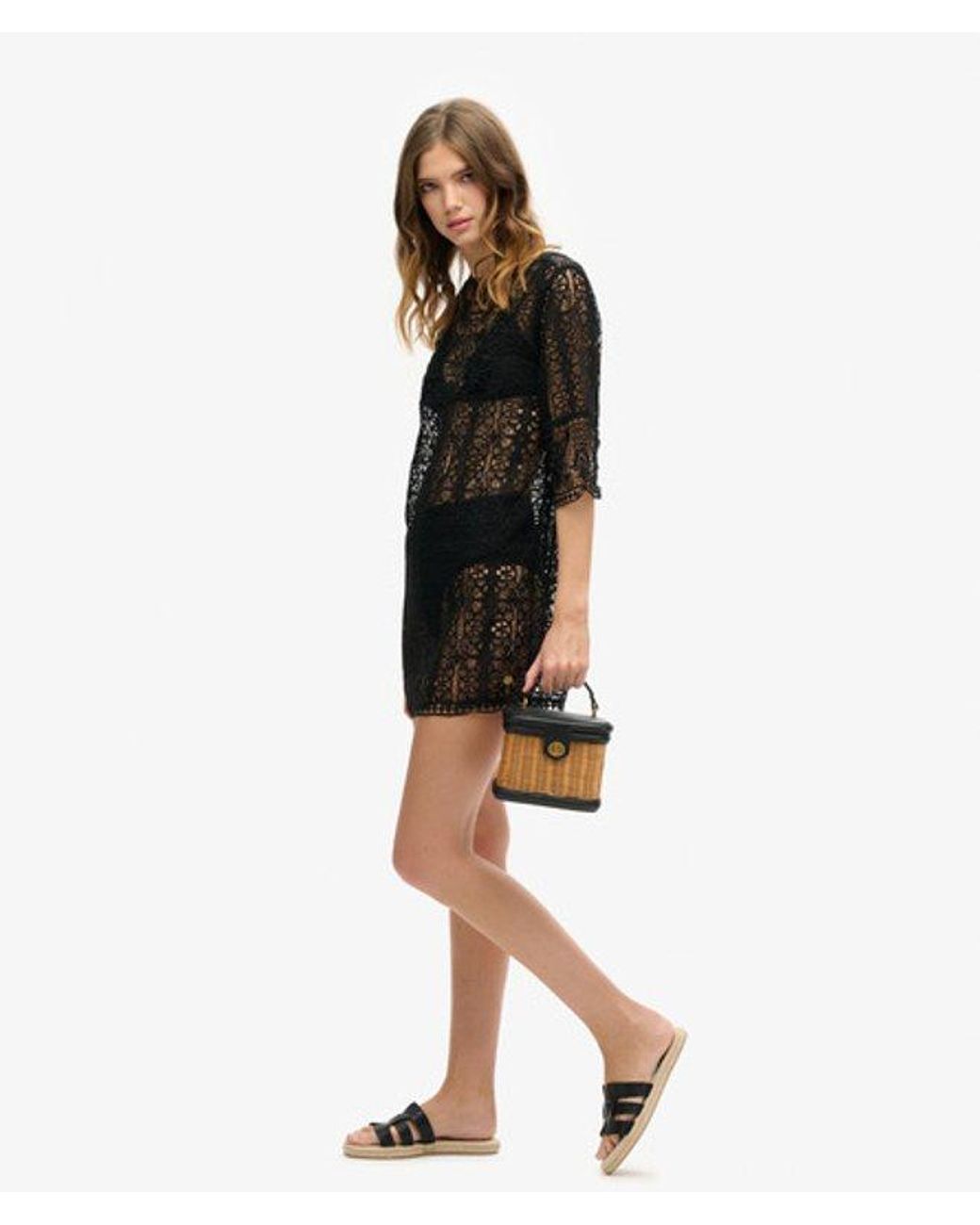 Superdry Black Lace Detail Beach Cover Up Mini Dress