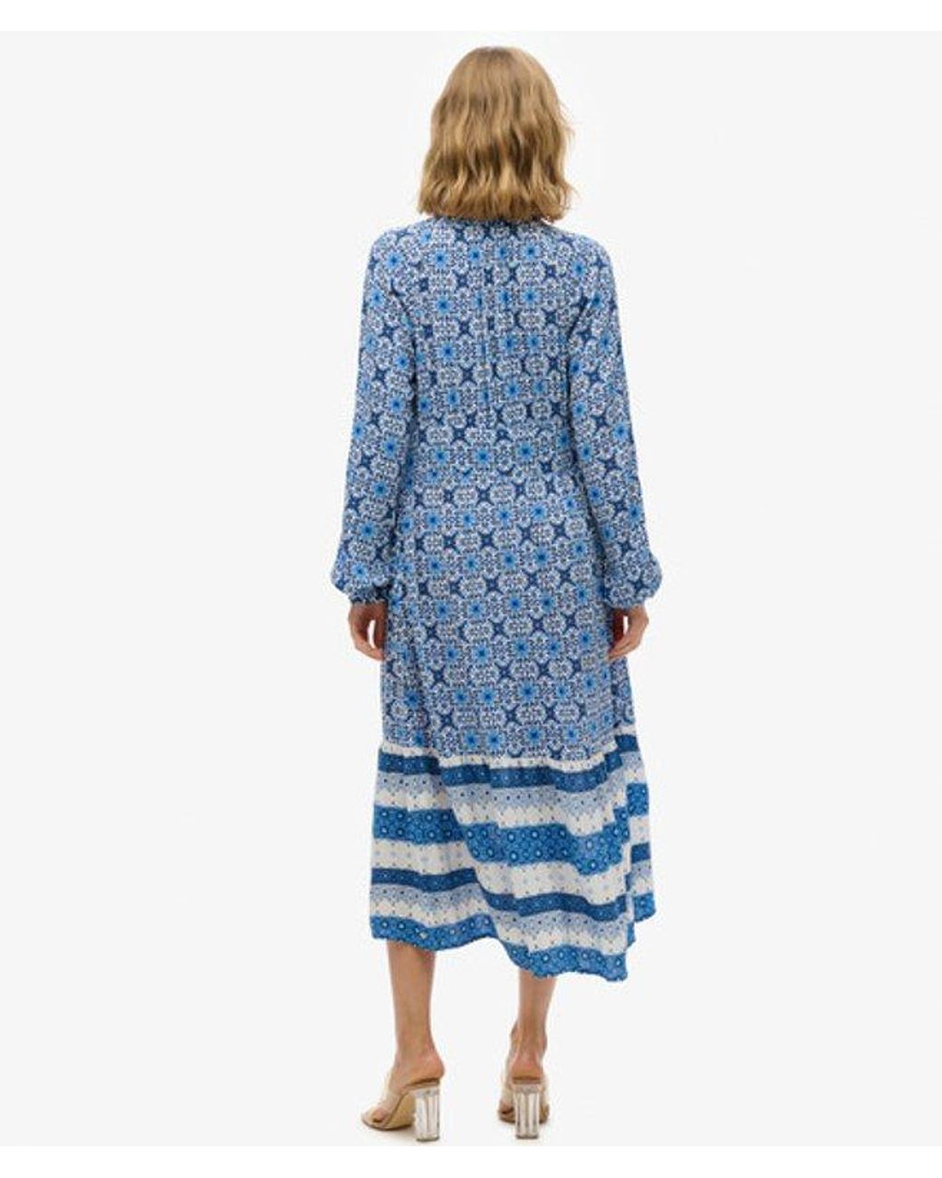 Superdry Blue Floral Print Long Sleeve Midi Dress