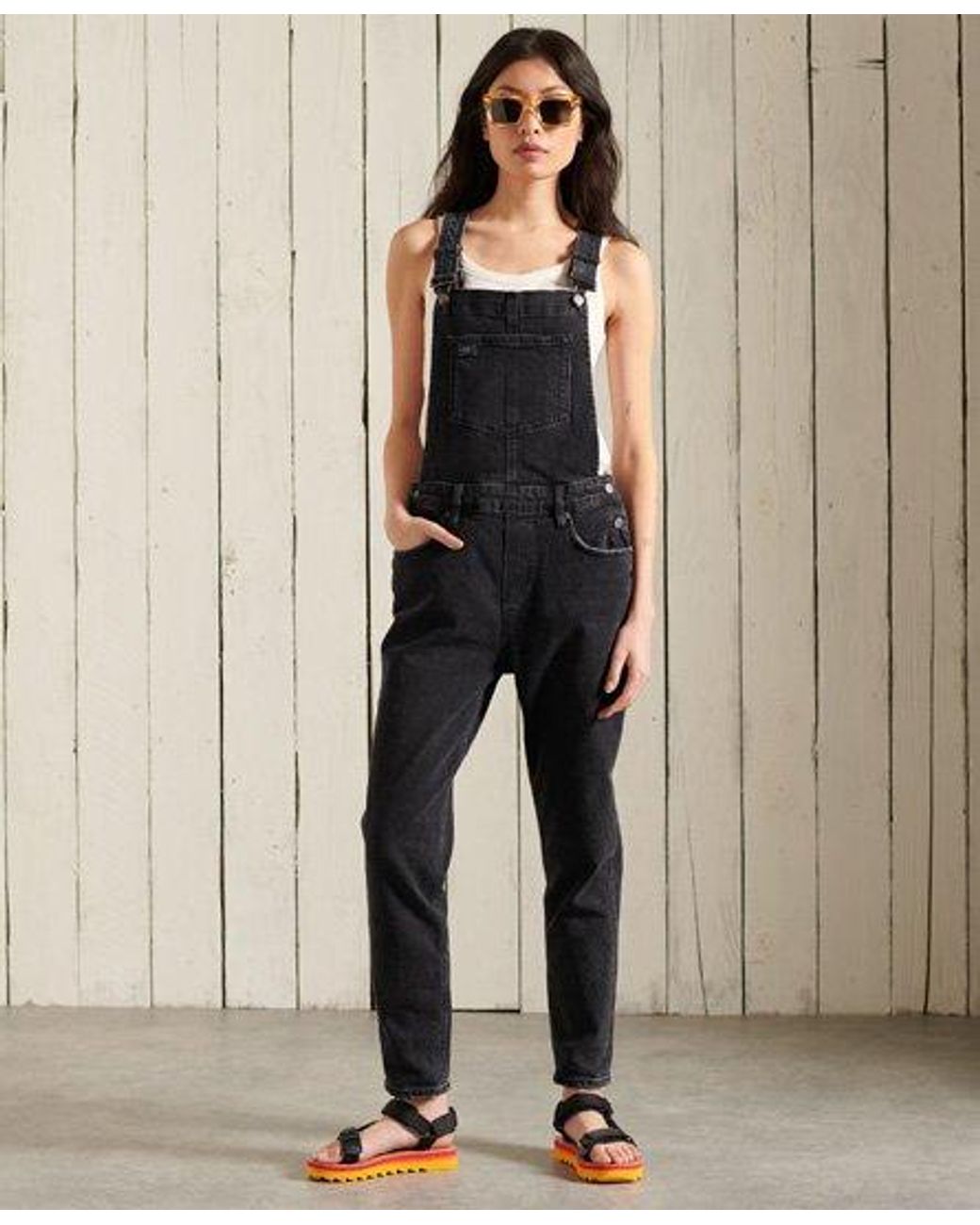 Superdry Slim Taper Dungarees in Black 