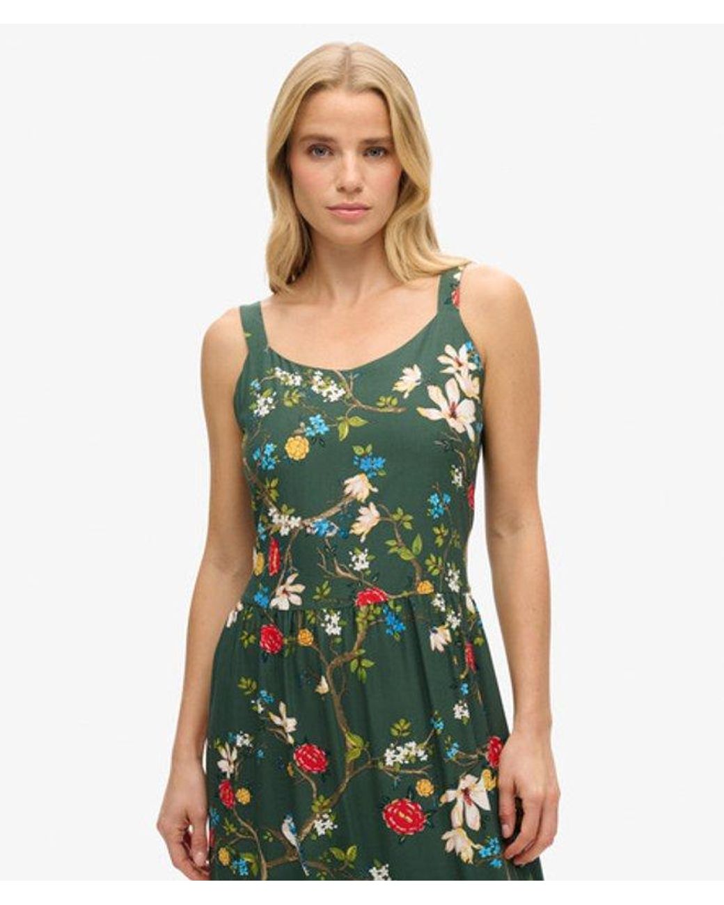 Superdry Green Floral Print Woven Tiered Maxi Dress