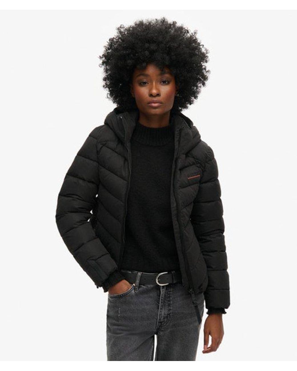 Superdry Black & Co Fully Lined Logo Patch Hooded Microfibre Padded Jacket