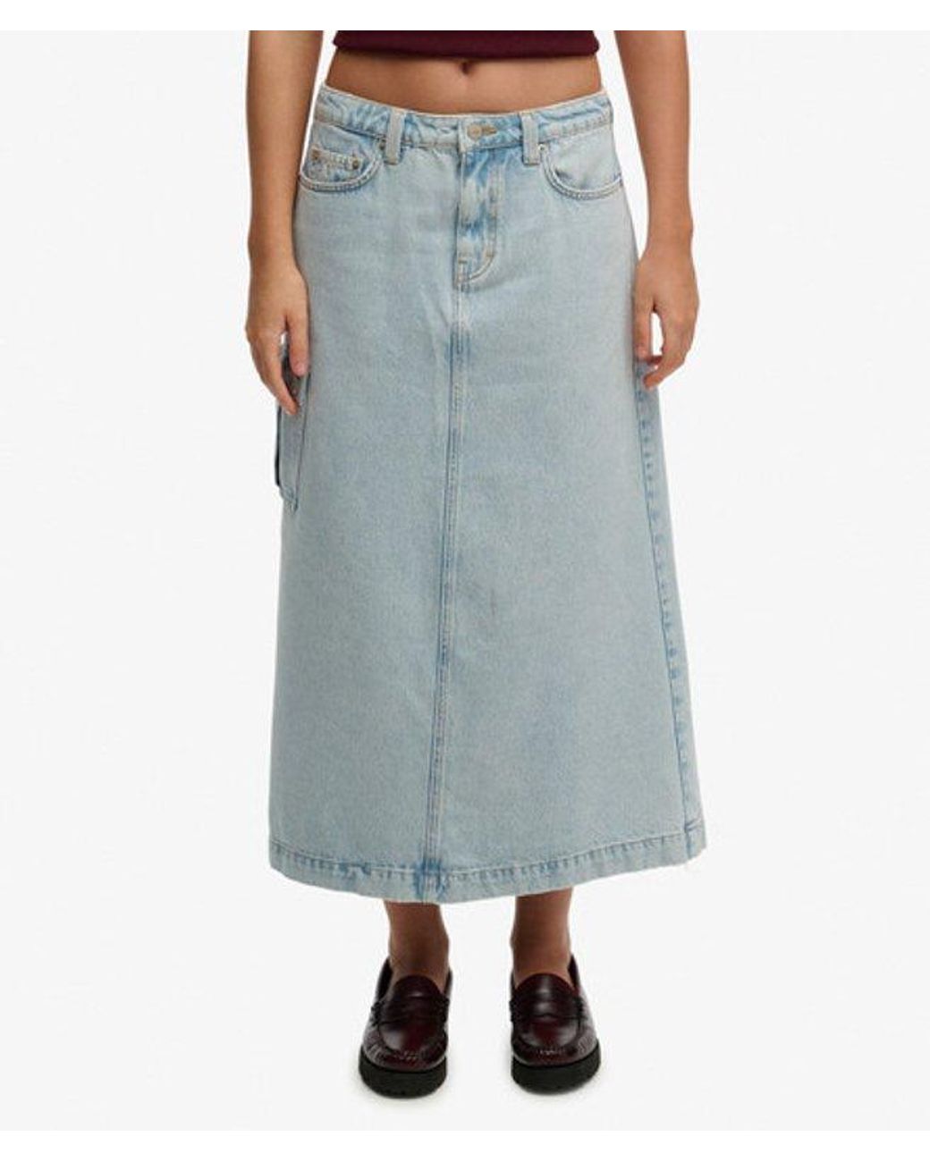 Superdry Denim Cargo Maxi Rok in het Blue