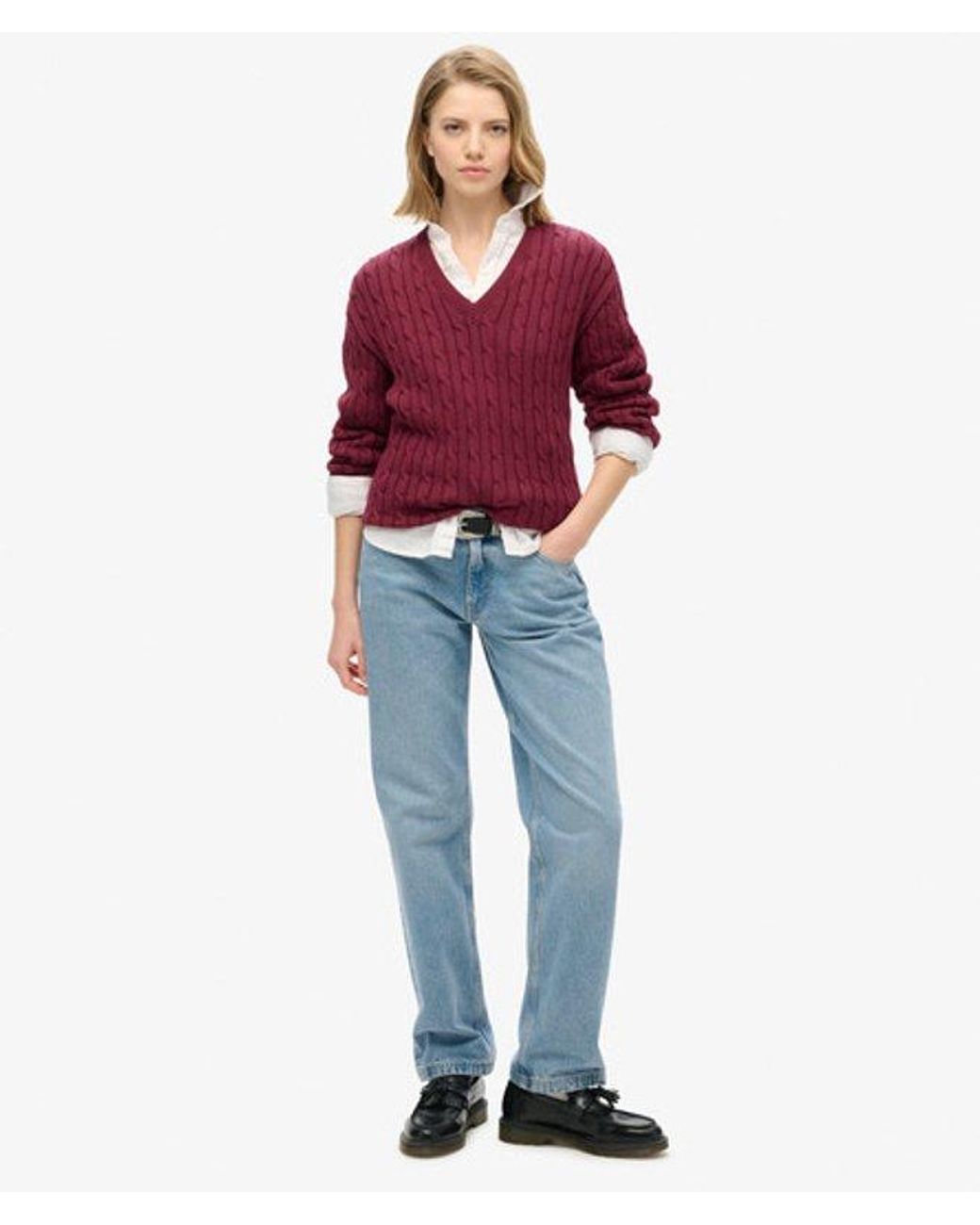 Superdry Red & Co Ladies Lightweight Cable Knit Oversized V Neck Jumper