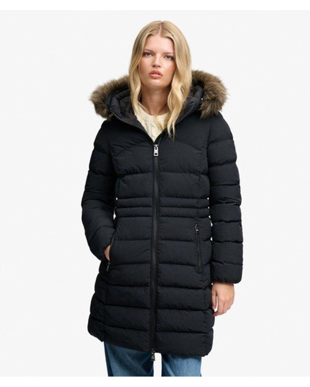 Superdry Blue & Co Hooded Faux Fur Fuji Mid Length Coat