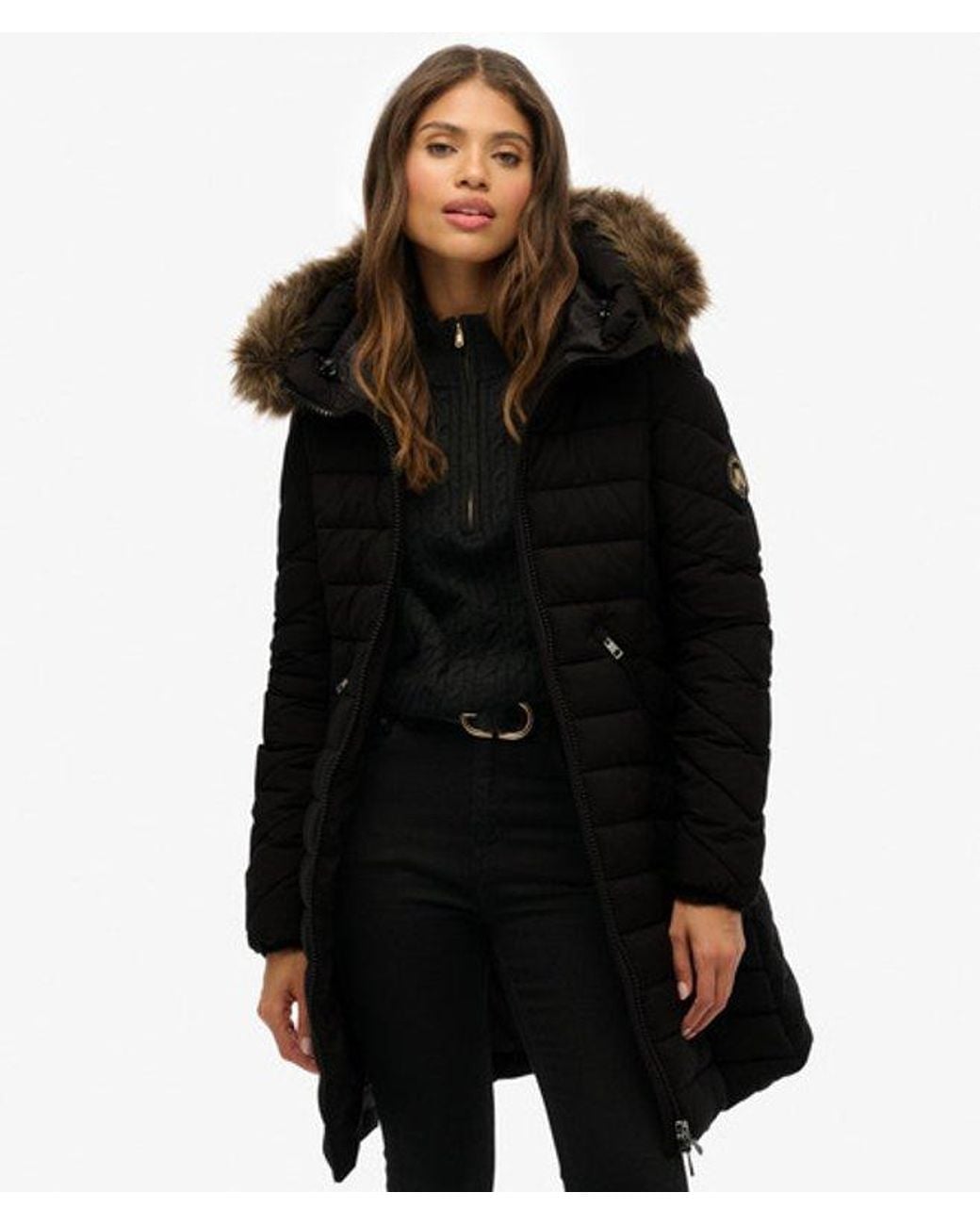 Superdry Black & Co Fuji Faux Fur Hooded Mid Length Coat