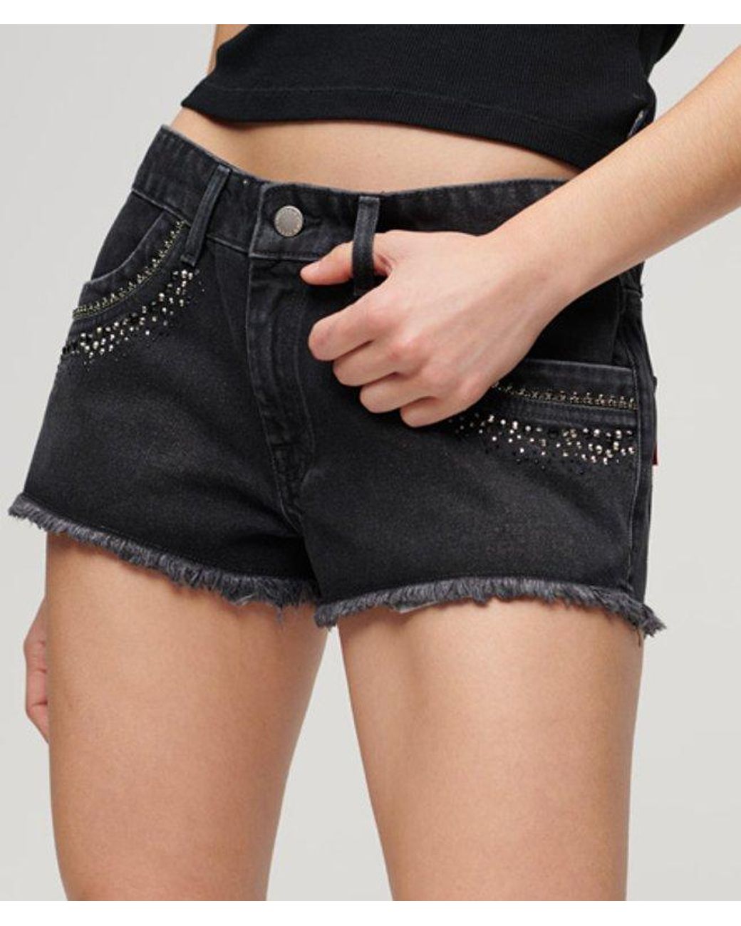 Superdry Black & Co Diamante Embellished Denim Shorts