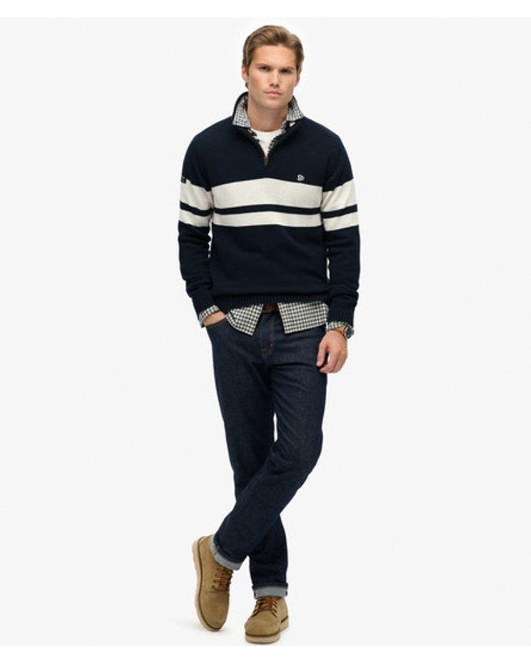 Superdry Blue Cotton Stripe Half Zip Knit for men