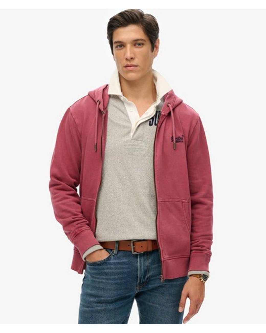 Superdry Red Essential Logo Washed Zip Hoodie for men