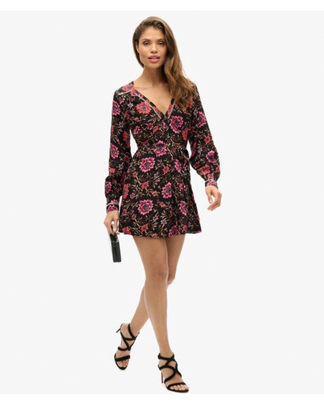 Superdry Black Floral Printed V-neck Mini Tea Dress