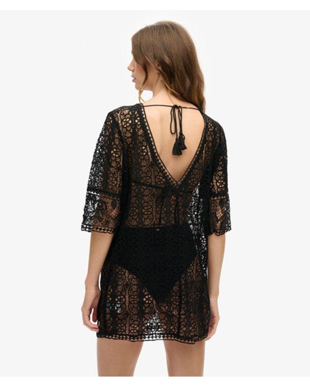 Superdry Black Lace Detail Beach Cover Up Mini Dress